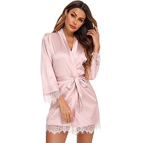 RSLOVE Albornoz de satén para mujer Bata de seda para novia/dama de honor Kimono con adornos de encaje Rosa Small