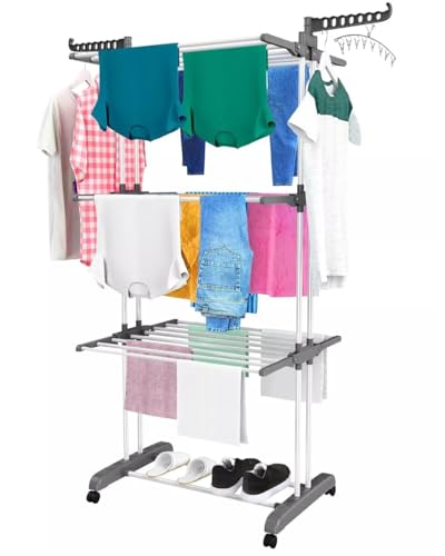 BURAKH 4-Tier Adjustable Stainless Steel Clothes Airer Drying Rack - Foldable (vertically), Rolling, Indoor & Outdoor Clothes Rail, Coat Stand, Laundry Hanging Rack