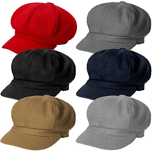 6 Pieces Women Newsboy Cap Warm Wool Visor Beret Hats Octagonal Cap Soft Newsboy Hats For Women Vintage Cabbie Paperboy Hat For Women Girls Baker Boy Hat Black #TOP6