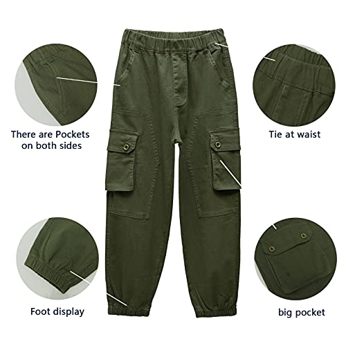 Boys Cargo Pants Cotton Casual Pants Elastic Waist Hiking School Uniform Sweatpants Joggers (Army Green, 10-12) #TOP3