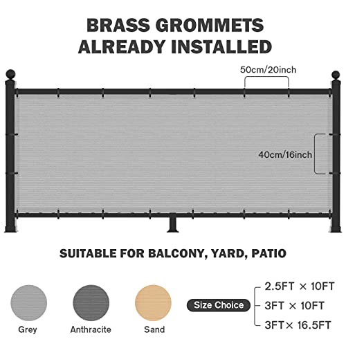 Uirway Privacy Screen Balcony Fence 3'X16.5', Garden Courtyard Privacy Fence Screen With Zip Ties Uv Protection, For Animal Barriers, Decks, Patios, Outdoor Pools, Porches, Condo Railings - Grey #TOP4