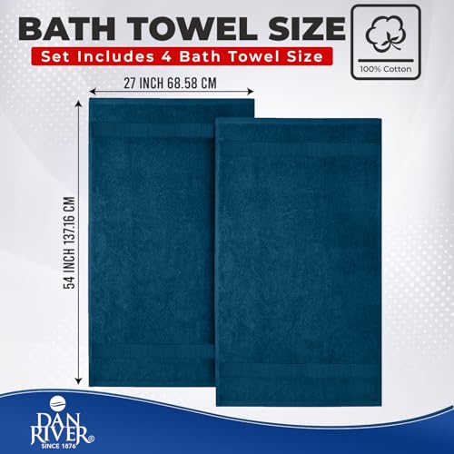 Image of DAN RIVER Bath Towels Set of 4, 27 x 54 Inches, 100% Cotton, Larger & Lighter Weight, Quicker to Dry, Super Soft and Absorbent, Ideal Opal Blue Bath Towel for Daily Use