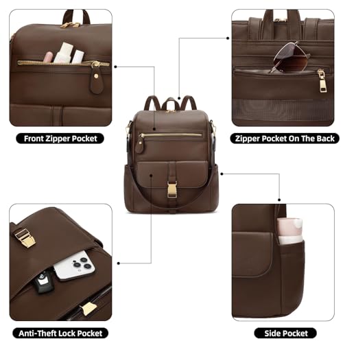Image of KKXIU Backpack Purse for Women - PU Leather Ladies Backpack for Daily with Anti-Theft Lock Pocket, Small Daypack with Luggage Strap & Water Bottle Pockets (Coffee)