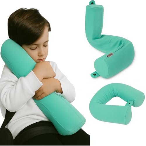 Image of Dot&Dot Green Twist Memory Foam Kids Travel Pillow for Airplanes - Kids Neck Pillows for Sleeping - Airplane Pillow for Neck Support, Chin, Lumbar, Leg - Adjustable Toddler Neck Pillow