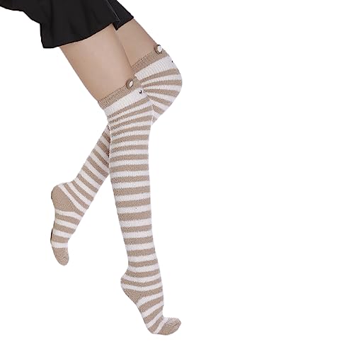 Image of Thigh High Fuzzy Socks Cute Animal Coral Fleece Over the Knee Thigh High Long Stockings Warm Stripe