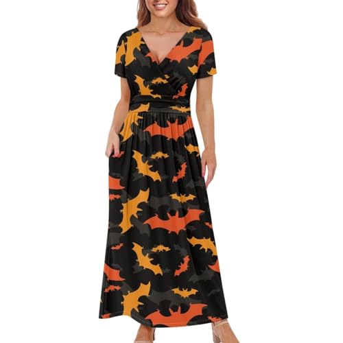 Image of Women's Fall Summer Short Sleeve Ankle Length V-Neck Party Dress with Pockets Size S-3XL