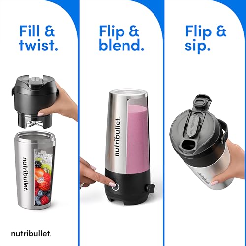 nutribullet Flip Portable Blender with Insulated Cup, Cordless, Brushed Stainless, NBPB50350SS