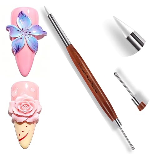 GSWOI Dual Head Acrylic Nail Brush-French Tip & 9mm Liner with Cleaning Brush for Builder Gel,Polygel & Design-Wood Handle & Metal Caps