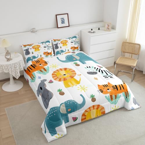 Image of Feelyou Kids Cartoon Lions Comforter Set Full Size, Zoo Animal Bedding Set Elephant Comforter for Kids Boys Girls Kawaii Duvet Insert Room Decor Microfiber Bed Set