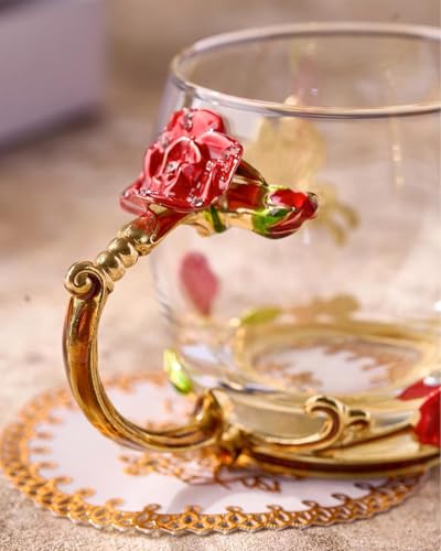 Image of Enamel Flower Glass Coffee Mugs & Tea Cup Set with Steel Spoon | Luxury Butterfly Design Tea Cups for Women, Mom, Wife | Unique Personalized Gifts for Birthday, Mother's Day Valentine's Day