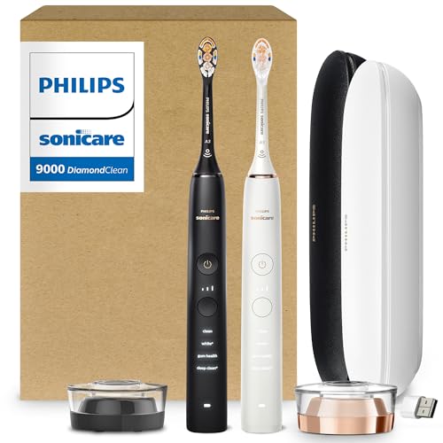 Philips Sonicare DiamondClean 9000 Electric Toothbrush - Sonic Toothbrush with App, Pressure Sensor, 12 Brushing Settings, Replacement Reminder, USB Charging Case, Black & Rose Gold, 2-Pack, HX9912/71