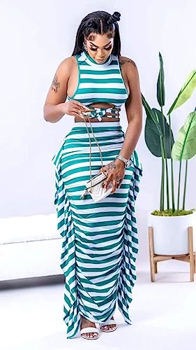 Image of YUEWOO 2 Piece Outfits for Women Sexy Crop Top Ruched Bodycon Maxi Dresses Fringe Skirt Sets Night Club Jumpsuits