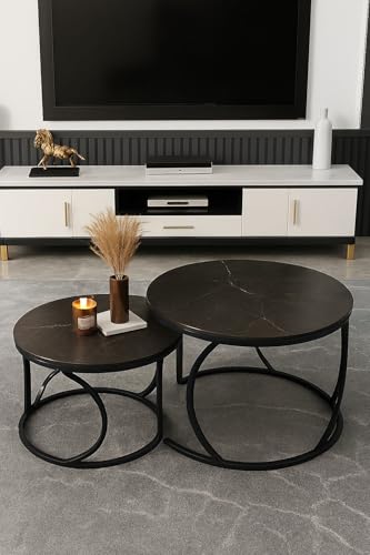 Image of Round End Table Set of Two Coffee Tables with Engineered Wood Top and Metal Frame, Contemporary Accent Side Table for Office, Bedroom, or Living Room Full Black