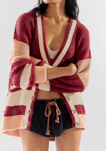 utcoco Women's Casual Button Down Cardigan Sweaters Long Sleeve V Neck Color Block Knit Sweater Coat Outwear2