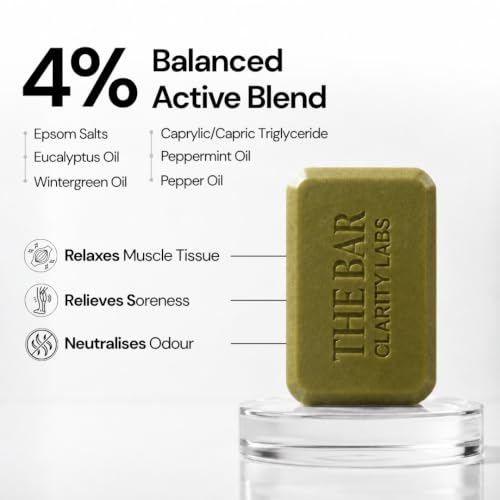 Image of Clarity Labs | MUSCLE RELIEF SOAP | (Pack of 4) | THERAPEUTIC & RELAXING | Epsom Salt | Magnesium chloride | Peppermint Oil | Camphor Oil | Anti Bacterial | Anti Odor | Reduces Post Workout Soreness & Stiffness