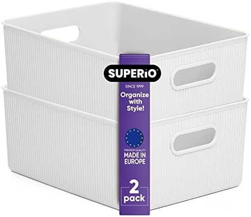 Superio Ribbed Collection - Decorative Plastic Open Home Storage Bins Organizer Baskets, Large White (2 Pack) Container Boxes for Organizing Closet Shelves Drawer Shelf 15 Liter/16 Quart