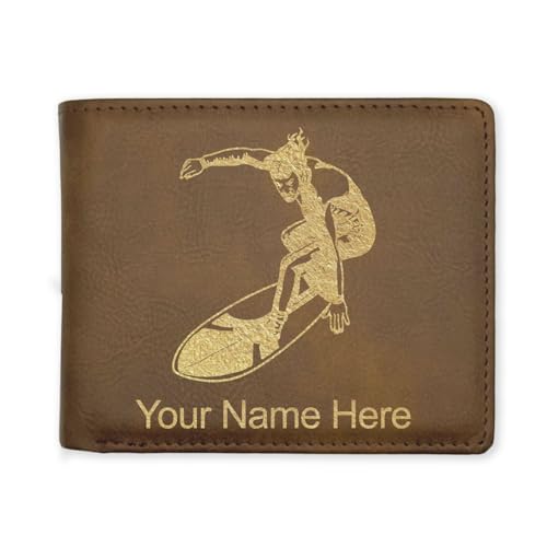 LaserGram Faux Leather Bi-Fold Wallet, Surfer Man, Personalized Engraving Included (Rustic with Gold)