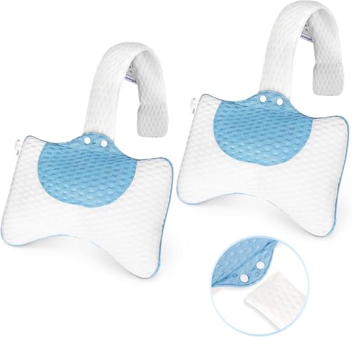 Faimewgle 3D Mesh Hot Tub Pillow Headrest Cushion Adjustable Height with Long Strap & Hook Quick-Dry Ergonomic Neck Support Pillow Universal Fit for Spa Bathtub Chaise Lounge (2-Pack(White&Blue)