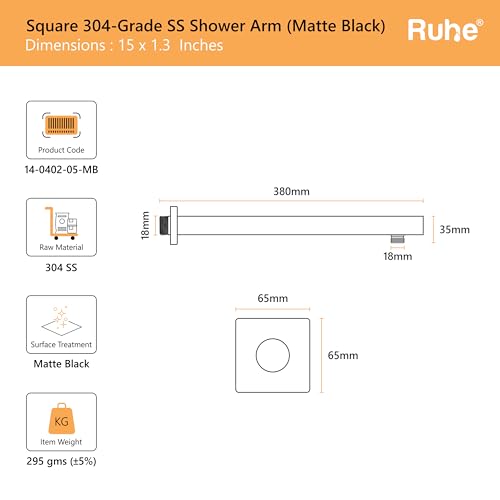 Image of Ruhe Square Shower Arm with Wall Flange | Black Matte | 304-Grade Stainless Steel Shower Arm for Overhead Showers | Bathroom Overhead Shower Arm