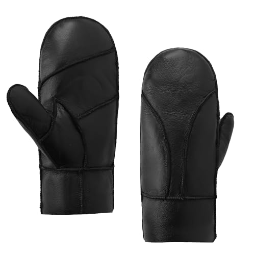 MGGMOKAY Männer Fäustlinge für Winter Herren Lammfell Shearling Fäustlinge Winter Lederhandschuhe Schwarz S