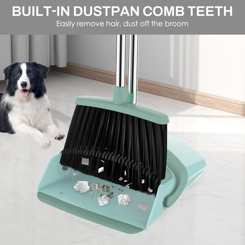 Image of Broom and Dustpan Set for Home, 51-in Long Adjustable Handle Angle Broom and Dustpan Combo Set with Dust Pan Teeth to Clean Hair for Home Kitchen Office Lobby Floor Garden, Green