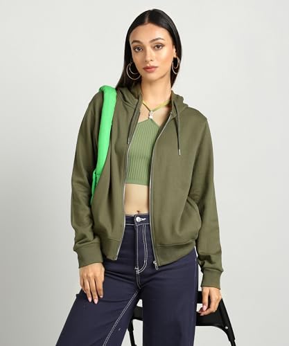Image of Alan Jones Clothing Women's Solid Zipper Hooded Sweatshirt | Front Zip, Ribbed Hem, Lined Hood, Casual Winter Wear