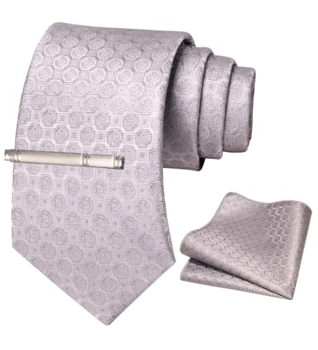 Rbocott Silver Tie Woven Business Formal Necktie And Pocket Square With Tie Clip Sets For Men(192) #TOP1