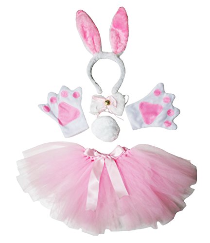 Petitebella Bunny Ear Headband Bowtie Tail Gloves Tutu 5pc Girl Costume 1-10y (White/Pink, One Size)