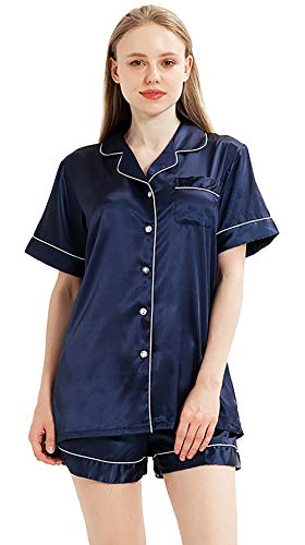 YIMANIE Womens Silky Satin Pajamas Set Short Sleeve and Shorts Classic Sleepwear Loungewear Navy