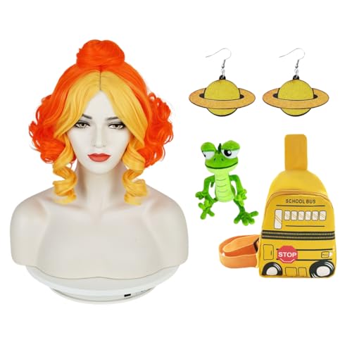 TANTAKO Women Short Orange with Yellow Side Bang Wig and Space Earrings Accessories Kit for Halloween Cosplay Costume