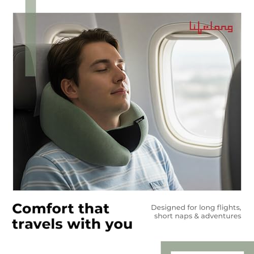 Image of Lifelong Neck Pillow for Travelling | Memory Foam Neck Rest for Sleeping in Airplane & Car | Soft & Comfortable Neck Support | Adjustable Velcro Straps & Travel Pouch | Ideal for Office & Home (Green)