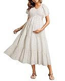 Plaid Maternity Dress Boho Easter Pregnancy Summer Photoshoot Baby Shower Casual V Neck Flutter Sleeve Flowy Midi Dress