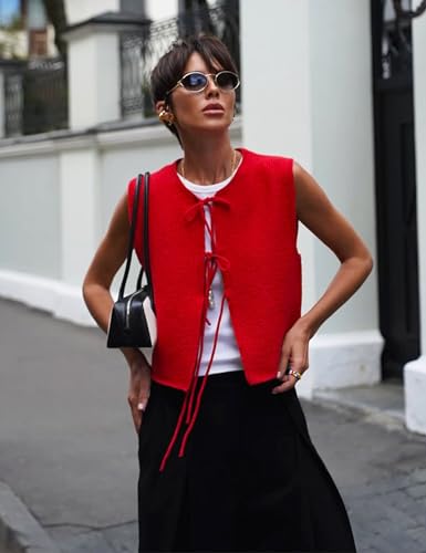 Women's Crochet Sweater Vest Summer Casual Sleeveless Crew Neck Tie Front Knit Vest Top Cardigan3