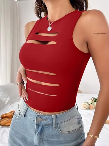 Image of LovelyWholesale Women Sexy Cut Out Crop Tank Tops Crew Neck Summer Sleeveless Top