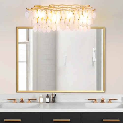 Image of Wellmet Brushed Gold Bathroom Light Fixtures, 4-Light Capiz Shell Vanity Light, Modern Wall Sconces for Mirror, Cabinets, Bedroom, Hallway,Living Room, 27.2 inch W