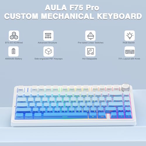 Image of Aula F75 Mechanical Keyboard Gaming, 2.4 GHz /Type-C /BT5.0 Wireless Gaming Keyboard 75 Percent, Side Engraved, Structure of Seal, Hot Swappable Wireless Keyboard RGB (Blue with Colour Gradient)
