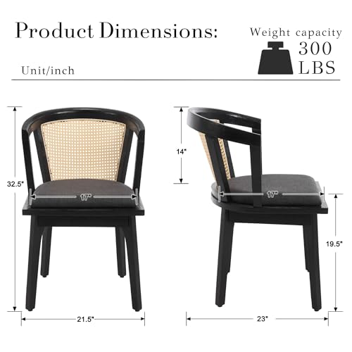 Image of BESTANO Black Rattan Dining Chairs Set of 2, Mid Century Modern Farmhouse Wood Dining Room Chairs, Upholstered Comfortable Kitchen Dining Side Chair with Cane Woven Back, Charcoal Linen