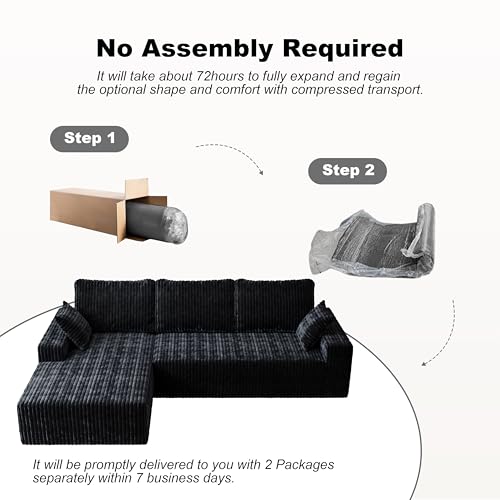 Image of Modular Sectional Sofa Couches L-Shape Couch 3 Seat Modular Sofa Memory Foam Sectional Couches for Living Room (Black, 108 inch+Left Chaise)