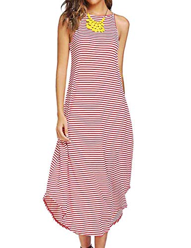 Women's Casual Summer Dress Striped Sleeveless Dressy Split Maxi Dresses for Vacation Red XL