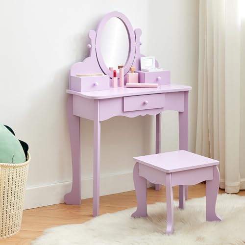 GarveeHome Girls' Vanity Set with Mirror, Makeup Table and Stool for Kids, Wood Dressup Playset for 4-9, Purple