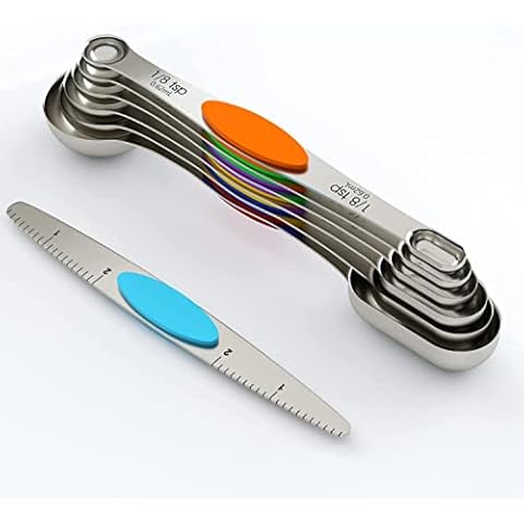 ChefAide Stainless Steel Magnetic Measuring Spoons Set, Upgraded Extended Handle, Dual Sided, Stackable, Adjustable Teaspoon and Tablespoon Measure Spoon Kitchen Gadgets Set of 7 Cover
