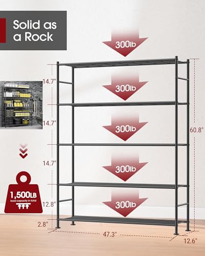 Storage Shelves - 5 Tier Shelf Organizer, Heavy Duty Garage Shelving Unit with Leveling Feet, Stable Metal Shelves Organizer for Pantry, Kitchen and Closet, 47.3" W x 12.6" D x 60.8" H, Black