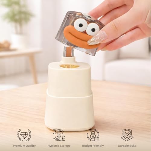 Image of LUXE HOME INTERNATIONAL Cartoon Shape Pop-Up Automatic Toothpick Holder Dispenser Plastic Portable Push Retractable Storage Box For Home Kitchen Restaurant Dining Table 6x6x9 cm Beige Pack Of 1