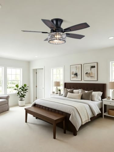 Image of 42 Inch Crystal Ceiling Fan with Lights and Remote Flush Mount | Farmhouse Rustic Fandelier Ceiling Fan, Low Profile Crystal Caged Chandelier for Bedroom Living Room, Reversible DC Motor