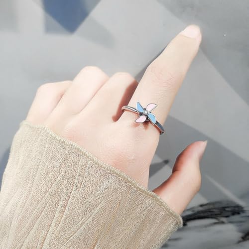Cute Windmill Rotating Open Rings sterling Silver Plated Spinner Lovely Blue Pink Adjustable Fidget Ring Delicate Stacking Wedding Band Crystal Finger Birthday Jewelry Gifts for Women Niece Daughter2