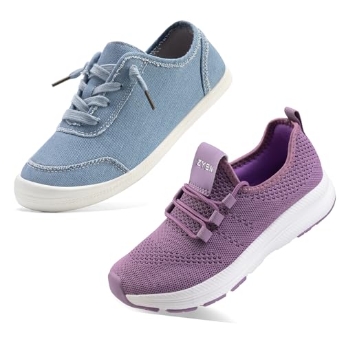 ZYEN Women's Arch Support Walking Shoes 8830 Blue 8-8.5 and Women Wide Toe Box Shoes 8813 Purple 8-8.5