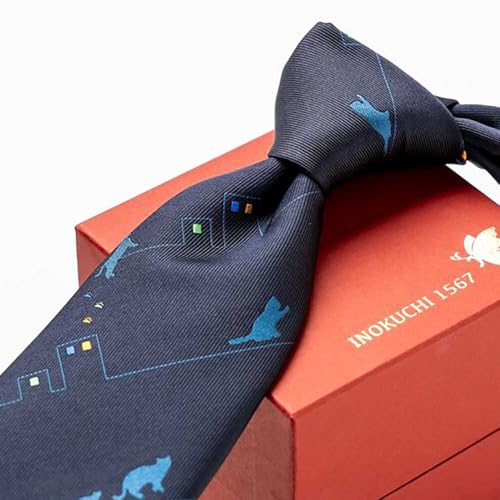 シルク ネクタイ (INOKUCHI1567 ) 商店街 と ネコ 柄 紺色 ビジネス スーツ メンズ