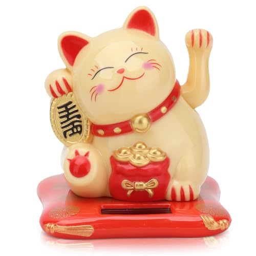 HERCHR Gatto Che saluta, Gatto della Fortuna a energia Solare Gatto Carino e Accogliente con Braccio Che ondeggia Decorazione per Auto Decorazione Feng Shui,6,5 × 7 × 8 cm(Giallo)