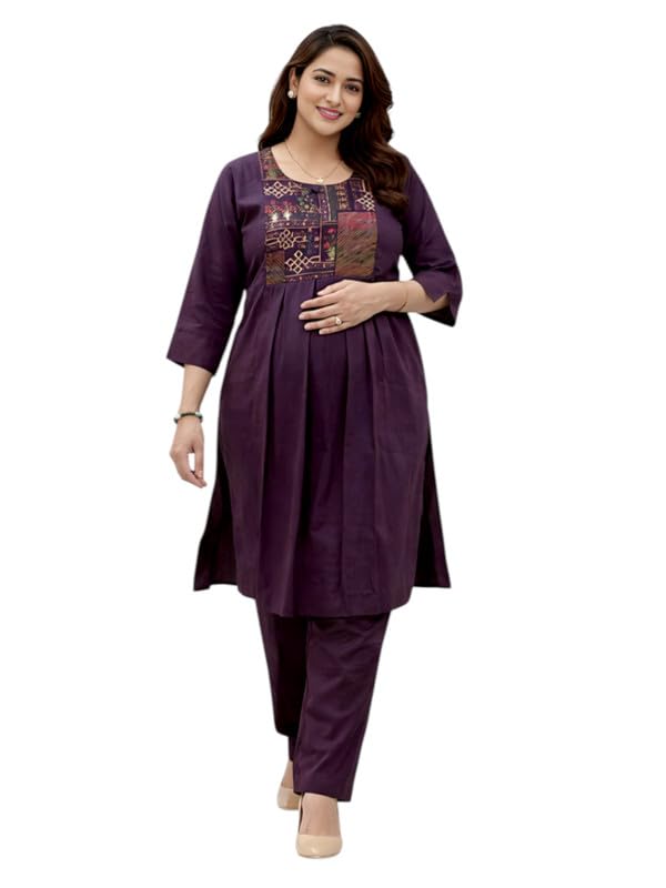 Image of RITIJYA Pure Cotton Feeding Kurta Pant Set for Women | Floral Anarkali Pregnancy Dress with Concealed Nursing Zipper Side Pocket | Pre & Post Partum | Maternity Dresses | Baby Shower Outfit