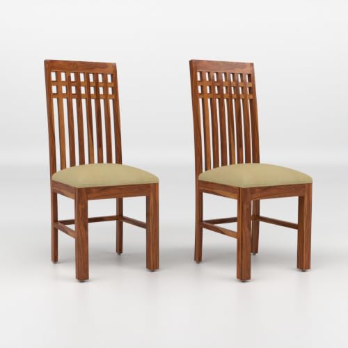 Image of Solid Sheesham Wood Dining Chair Set of 2 | Premium Wooden Dining Chairs with Cushioned Seat | Elegant Vertical Slatted Backrest | Heavy Duty Dining Table Chairs for Kitchen